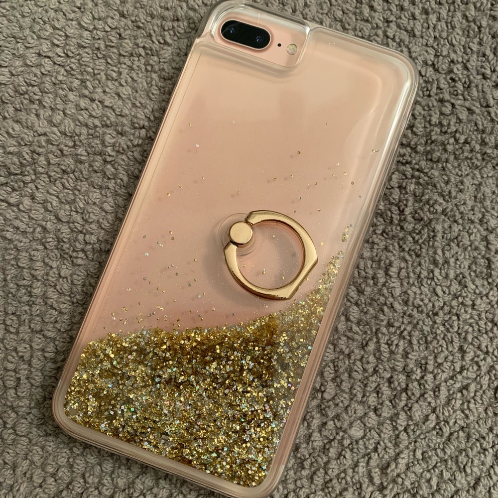 iPhone 7 PLUS gold motion glitter ring stand case